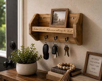 Personalized Wooden Key Holder with Shelf, Entryway Key Rack, Wall, Farmhouse Decor, Christian Gift