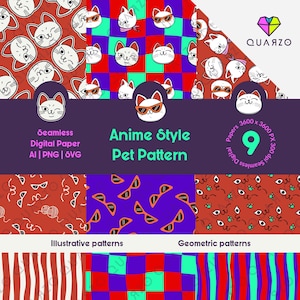 Puede incluir: Un conjunto de papel digital con nueve patrones sin costuras que muestran caras de gatos estilo anime, gafas de sol y ovillos de lana. Los diseños incluyen fondos a cuadros rojos, morados y verde azulado, rayas y texto: QuARZO, Anime Style Pet Pattern.