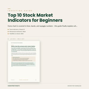 May include: An investing guide titled Top 10 Stock Market Indicators for Beginners. The document features a section titled A Look Inside, displaying a page with text explaining how to read stock charts, including sections on what you will walk away with.