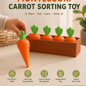 May include: A Montessori carrot sorting toy featuring a brown rectangular wooden base with four circular holes and four orange carrots with green leafy tops. Text reads: MONTESSORI CARROT SORTING TOY, Plant, Pull, Learn, Grow, Fine Motor Skills, Hand-Eye Coordination, Color & Shape Recognition, Independent Play, Safe & Non-Toxic, Made for Little Learners.