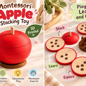 May include: A red 3D printed apple stacking toy with a brown base and stem. The toy consists of multiple circular wooden-colored discs with varying hole patterns that fit onto a central brown post. Text includes Montessori Apple Stacking Toy.