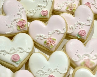 White and Pink Elegant Classic Heart Small Cookies, 12 Pieces