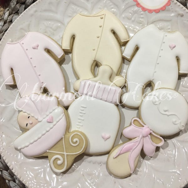 12 Assorted Girl Baby Shower Cookie Favors-for baby showers or birthdays, baby onesie cookies