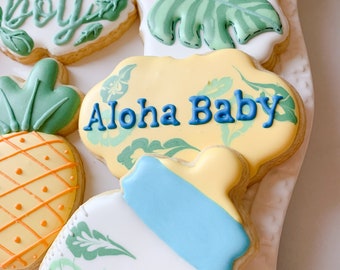 Hawaiian Themed Cookies for Boy Baby Shower, Gender Reveal Party, 12 Pieces