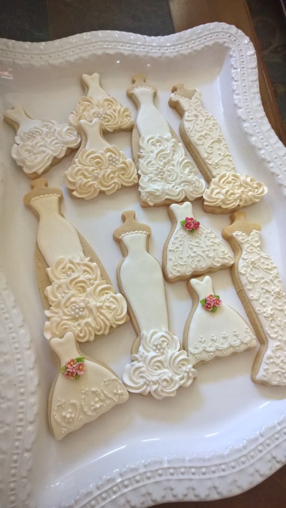 Ecru and White Wedding Entourage Dress Cookies-10 Bridal Shower Cookies, Edible Wedding Favors, Bridesmaid Gifts