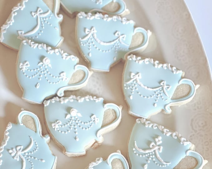 Mini French Teacups Decorated Cookies, Coquette Bows and Rosebuds Accents, 12 Pieces