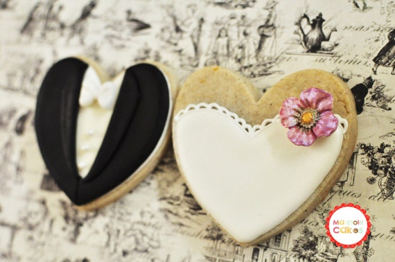 Blossom Bride And Groom Heart Cookies 1 Dozen Etsy