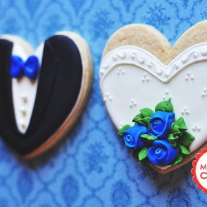Rosebud Bouquet Bride and Groom Hearts Wedding Favor Cookies- 1 Dozen (6 Pair Set)- Cookie Favors, Wedding Cookies,  Bridal Shower Cookies