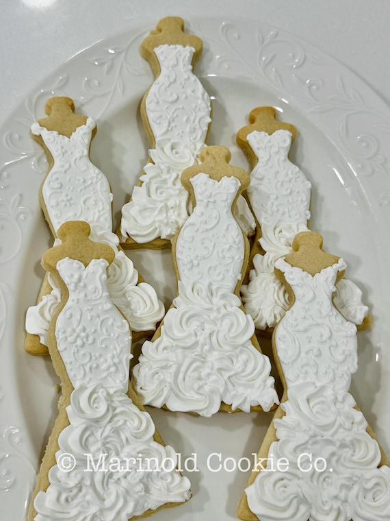 White on White Wedding Dress Cookies, 10 Pieces