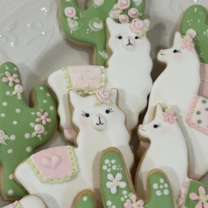 Pink, Green and White Llama and Cactus Decorated Sugar Cookies