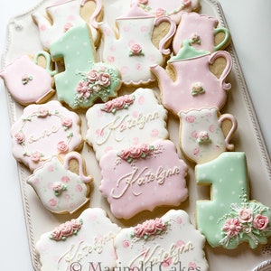 Shabby Chic Tea Party Themed First Birthday Cookie Favors, 12 Cookies