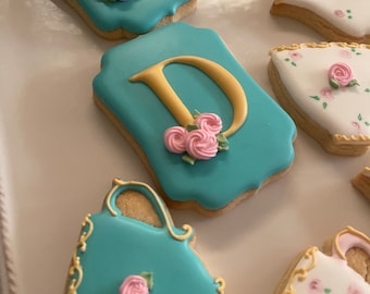 Monogram and Tea Set Cookies With Rose Accents for Birthday or Shower Cookies