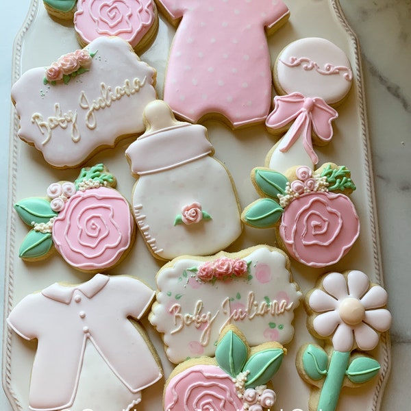 Flower and Dots Themed Cookies for Baby Shower
