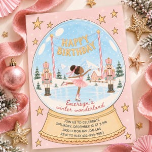 May include: A pink birthday invitation card featuring a snow globe illustration with a ballerina, two nutcrackers, and a winter landscape. The text reads: HAPPY BIRTHDAY, Emersyn's winter wonderland, JOIN US TO CELEBRATE SATURDAY, DECEMBER 12 AT 3 PM, 3832 LEMON AVE, DALLAS, RSVP TO ALEX 422-939-3857.