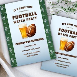 May include: A rectangular football watch party invitation card with a light blue background and green football field borders. It features a watercolor illustration of a beer glass and a football, with text reading IT'S GAME TIME, COWBOYS VS SEAHAWKS.