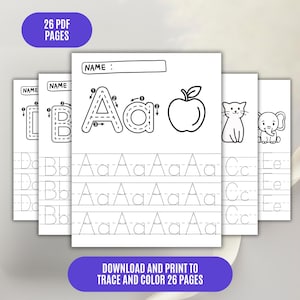 May include: A set of 26 printable PDF pages for alphabet practice, featuring black and white line art of letters and animals. Each page includes a name field, large letters with directional arrows for tracing, and rows of dotted letters to trace.
