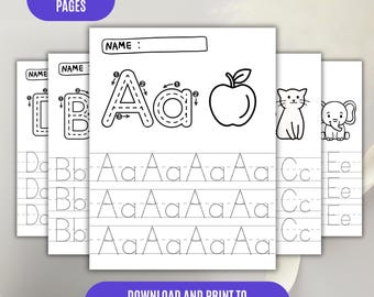 Werkbladen voor het overtrekken van de letters van het alfabet, zwart-witte oefenbladen voor fonetiek met de letters ABC, printbaar PDF-bestand.