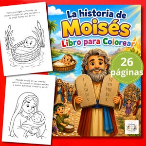 Könnte beinhalten: Ein Malbuch mit dem Titel La historia de Moisés Libro para Colorear, das einen bärtigen Mann mit Steintafeln und römischen Ziffern von I bis X zeigt, sowie zwei schwarz-weiße Malvorlagen mit einem Baby im Korb und einer Mutter mit Kind.