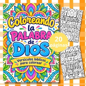 Könnte beinhalten: Ein Malbuch mit dem Titel Coloreando la Palabra de Dios mit lebendigen floralen Mandalamustern. Das Cover zeigt kräftigen blauen und rosa Text. Zwei zusätzliche schwarz-weiße Seiten zeigen die Verse Todo lo puedo en Cristo und Jehova es mi pastor.
