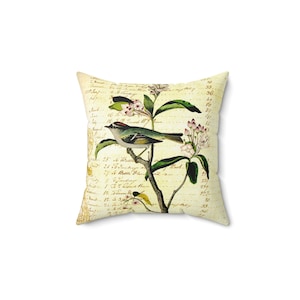 Vintage Print Bird Pillow,  Decorative Throw Cushion for Home, Nature Lover Gift, Accent Sofa Pillow, Nature Bird Lover