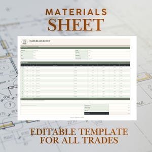 Op de afbeelding: Een digitaal sjabloon voor een materialenblad met een gestructureerde tabel voor projectdetails, gespecificeerde materialen en kostencalculaties. Het document bevat koppen voor de projecttitel, het opdrachtnummer en een materialenlijst.