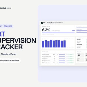 May include: A digital RBT Supervision Tracker dashboard for Google Sheets and Excel. The interface displays a monthly supervision percentage of 6.3%, bar charts, and status tables for face-to-face, individual, and observed service contacts.