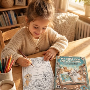 以下が含まれることがあります： 『My First Dog Encyclopedia』というタイトルの塗り絵ブック。水色の表紙には様々な犬のイラストと世界地図が描かれています。隣には、名前、年齢、好きな犬種を記入するための犬をテーマにしたテンプレートが印刷された白いアクティビティシートが置かれています。