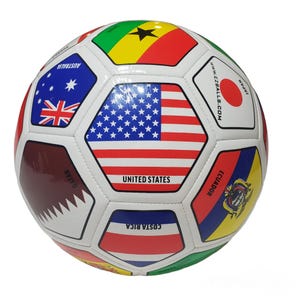 May include: A white soccer ball featuring a multi-colored panel design with various national flags, including the United States, Australia, Japan, Qatar, Ecuador, Ghana, and Costa Rica, with the text UNITED STATES and WWW.EZBALLS.COM printed.