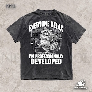 May include: A charcoal grey short-sleeve t-shirt featuring a white graphic of a raccoon holding a laptop. The text reads EVERYONE RELAX I'M PROFESSIONALLY DEVELOPED. The background design includes binary code and programming command lines.