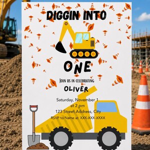 Może przedstawiać: Biała karta zaproszenia z grafiką żółtej koparki i wywrotki, pomarańczowymi pachołkami drogowymi oraz tekstem: DIGGIN INTO ONE, JOIN US IN CELEBRATING OLIVER, Saturday, November 1 at 2 pm, 123 Street Address, City, RSVP to Name at XXX-XXX-XXXX.