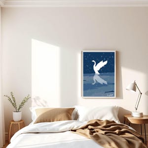 White Swan Reflection | Minimalist Blue Wall Art | Printable Digital Download