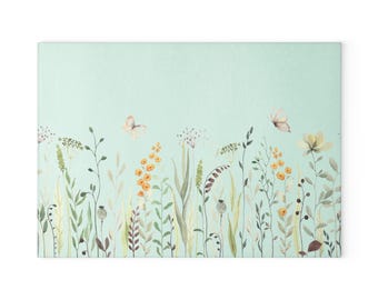 Glazen snijplank met aquarel bloemenweide | Bloemenbotanisch keukendecor