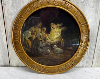 Round Nativity Scene Wall Art Gold Frame A Child Is Born Unto Us Religious Decor