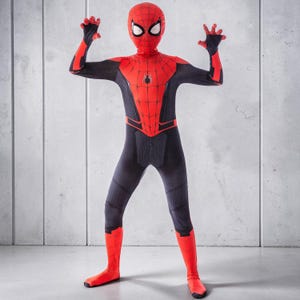May include: A full-body red and black superhero costume featuring a spider web pattern on the head and chest, a small black spider emblem on the center chest, and long sleeves with matching red and black color blocking on the arms and legs.