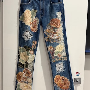 Upcycled Vintage Floral & Lace Patchwork Jeans