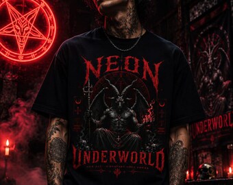 Neon Underworld Gothic T-Shirt, Cyberpunk Streetwear, Demon Graphic Tee, Dark Alternative Fashion