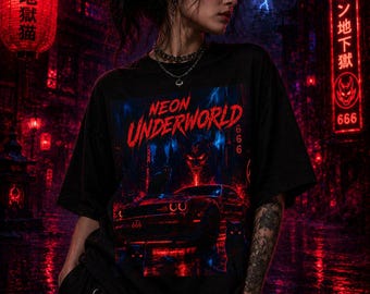 Neon Underworld Tokyo Hellcats Oversized Graphic T-Shirt: Cyberpunk Streetwear Tee