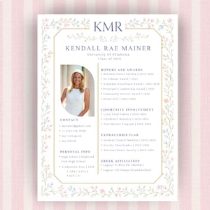 May include: A resume template featuring a floral border with blue and pink flowers. The document includes a circular photo placeholder, sections for contact, personal info, honors, community involvement, extracurriculars, and Greek affiliation.