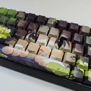 May include: A mechanical keyboard featuring custom keycaps with a printed graphic design. The keys display a continuous illustration of a character with large eyes, light skin tones, and green accents, with letters printed on the front faces of the keys.