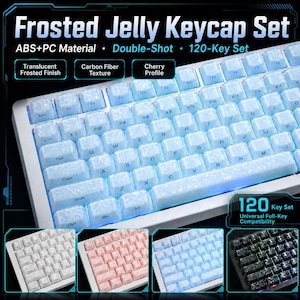 Peut inclure: Un ensemble de 120 touches Frosted Jelly avec une finition givrée translucide, une texture fibre de carbone et un profil Cherry. Fabriqué en ABS et PC avec une construction double-shot. Quatre variantes de couleurs sont présentées : blanc, rose, bleu et noir.