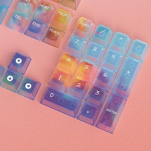 May include: A set of translucent mechanical keyboard keycaps featuring a gradient of blue, purple, orange, and yellow colors. The keycaps include a numeric keypad layout with white printed numbers, symbols, and text such as Num, Enter, Del, End, and Pgup.