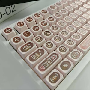 May include: A computer keyboard featuring light pink keycaps with a translucent, rounded center design. Each key displays white alphanumeric characters and symbols, including F1 through F4, Tab, Caps Lock, Shift, Ctrl, and Alt, with a white frame.