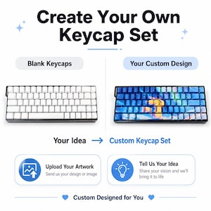 May include: A custom keycap set service display featuring the text Create Your Own Keycap Set. It shows a comparison between blank white keycaps and a custom blue galaxy-themed keycap set, with icons for uploading artwork and sharing ideas.