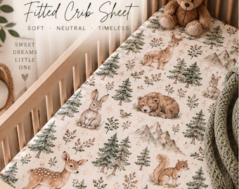 Woodland Crib Sheet, Neutral Forest Animal Baby Bedding, Deer Bear Bunny Fitted Crib Sheet, Gender Neutral Woodland Nursery Decor, Baby Show