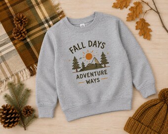 Felpa per bambini "Giorni d'autunno - Avventura e avventura", girocollo autunnale per bambini, maglione da campeggio in montagna, regalo autunnale a tema natura per bambini e bambine