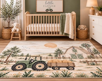 Modern Green Tractor Nursery Rug, Farmhouse Baby Boy Room Decor, Neutral Farm Nursery Area Rug, Barn & Tractor Kids Room Rug
