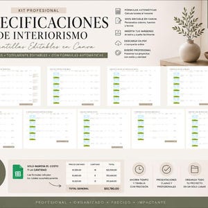 Puede incluir: Un kit profesional de especificaciones de interiorismo con 9 plantillas editables en Canva. El documento incluye fórmulas automáticas para cálculos de costes, organización de proyectos y diseños de presentación profesionales con texto claro.