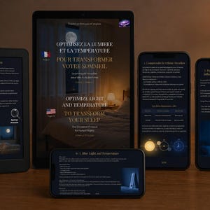 May include: A collection of digital devices including a tablet and three smartphones displaying educational content about sleep optimization, light, and temperature. The screens feature dark backgrounds with white and gold text in French and English.