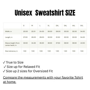 May include: A size chart for a unisex sweatshirt with black text on a white background. The table lists width, length, and sleeve length in inches for sizes S through 5XL, including a size tolerance of 1.50 inches and fit recommendations.
