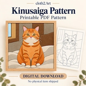 Orange Tabby Cat Portrait Kinusaiga Pattern PDF, No Sew Fabric Art Template, Printable Fabric Mosaic Digital Download